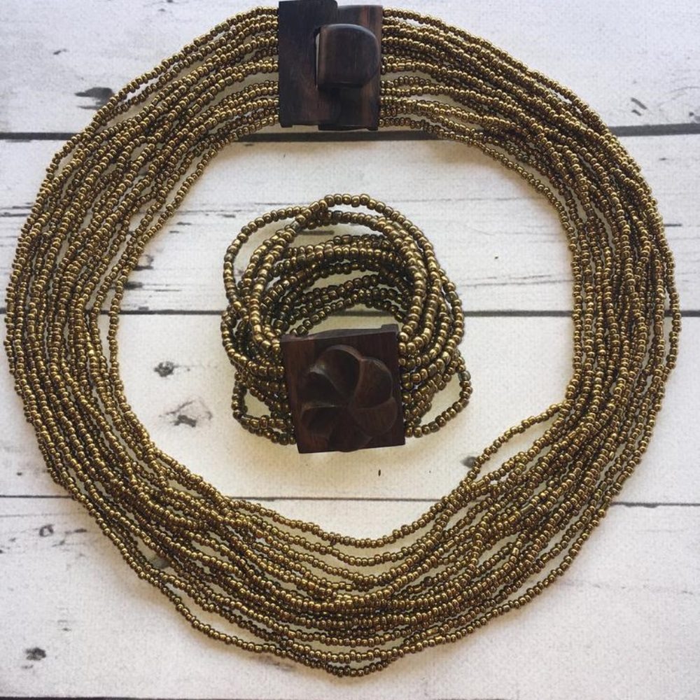 Gold Handmade Glass Beaded Necklace & Bracelet Set
